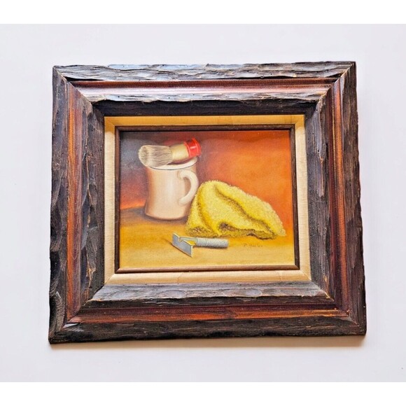 VTG SIGNED WOOD FRAMED BARBER SHAVING RAZOR SCENE OIL PAINTING REALISTIC OOAK